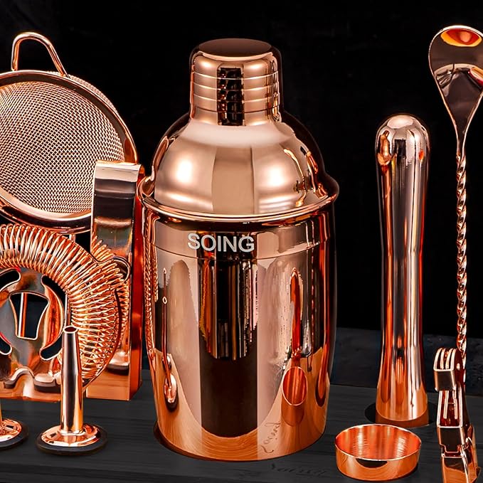 SOING 11-Piece Mixology Bartender Kit with Stand,Bar Kit Cocktail Shaker Set with All Essential Accessories:Martini Shaker,Spoon,Muddler,Strainer,Jigger,Tongs,Liquor Pourers