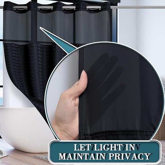 Extra Long No Hook Shower Curtain with Snap in Liner Set, Hotel Luxury Black Shower Curtains for Bathroom with See Through Top Window, Waterproof, Washable 71W x 84H