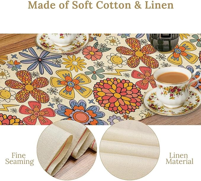 Retro 70s Floral Table Runner, Vintage Hippie Funky 70s 60s Abstract Colorful Aesthetic Modern Farmhouse Coffee Table Center Decor for Kitchen Living Room Holiday Party Table Decorations 13x72