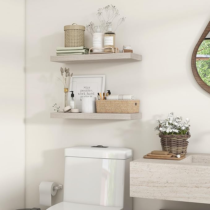 Heimlove 24 inch Floating Shelves for Wall,9.3 inch deep Grey Bathroom Over Toilet Shelf,Wall Mounted Rustic Wood Shelves for Bedroom,Living Room,Kitchen,Office Decor Set of 2-Grey