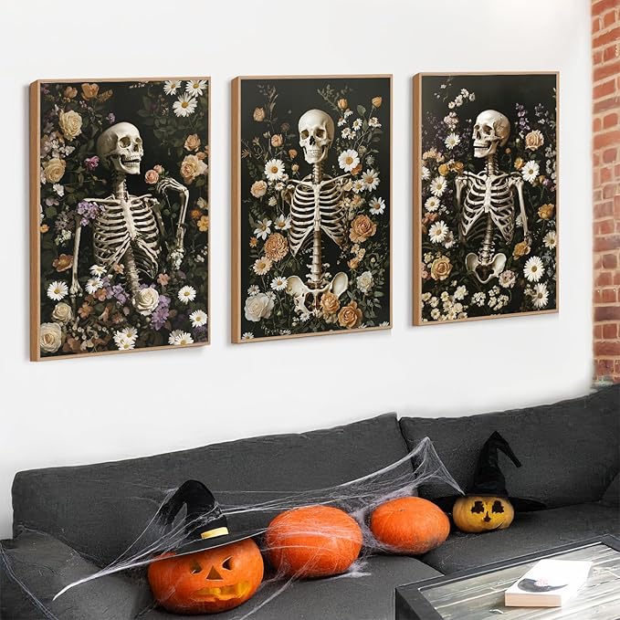 LHIUEM 16”X24”X3-Large Halloween Skeleton Canvas Wall Art Vintage Botanical Art Prints Skull Flowers Pictures Halloween Moody Dark Skull Framed Wall Decor Romantic Rose Spooky Artworks for home office