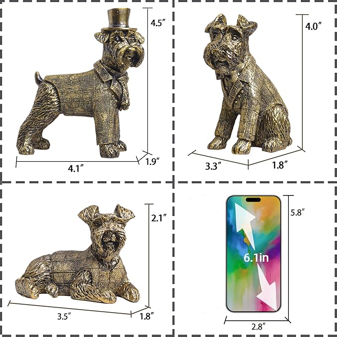 Vintage Gold Dog Figurines Home Decor,Resin Small Animal Statue Set of 3,Modern Coffee Table Figurine for Living Room Desk Home Bookshelf Shelves Collectible Figurines,Gifts for Mom Women