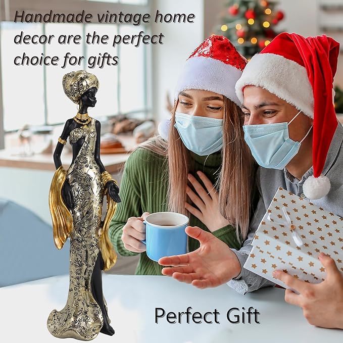 African Woman Resin Figurine – Golden Gown Tribal Sculpture with Headwrap & Jewelry, Elegant Handmade Figurine for Shelf, Mantel, Living Room or Office Decor