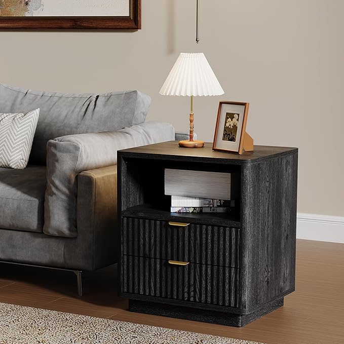 Fluted Nightstands Set of 2 - Black Nightstand with 2 Drawers & Open Shelves, 22" Wide Large Bedside Stand Modern Storage Wooden Side Tables for Bedroom (Elegant Black)