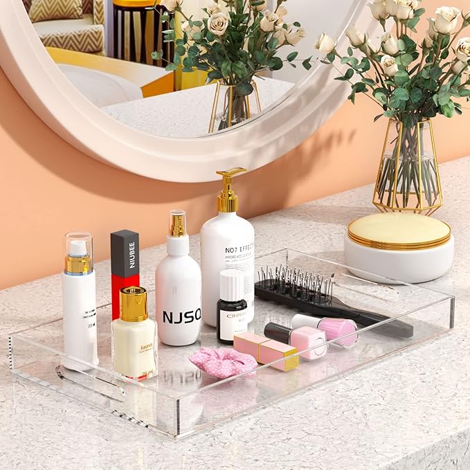NIUBEE Acrylic Serving Tray 12x20 Inches -Spill Proof- Clear Decorative Tray Organiser for Ottoman Coffee Table Countertop with Handles