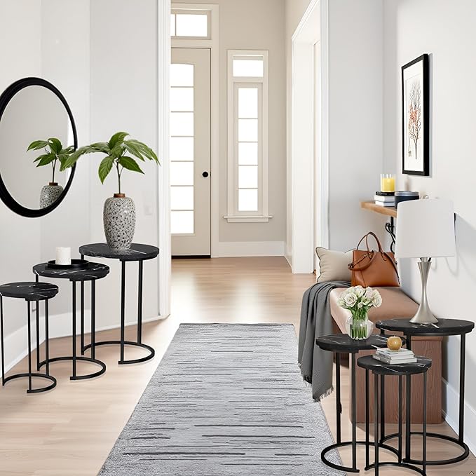 Lavish Home 6-Piece Nesting Table Set – Round Faux Marble Side & End Tables – Modern Space-Saving Accent Furniture for Living Room, Bedroom, Apartment, or Home Office (Black)