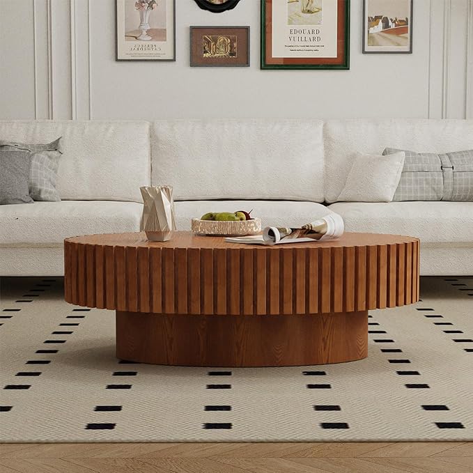 Oval Fluted Coffee Table Mid Century Modern Coffee Tables with Handcrafted Relief Ellipse Drum End Table Rustic Industrial Center Tables for Apartment Living Room (Wood Oval)