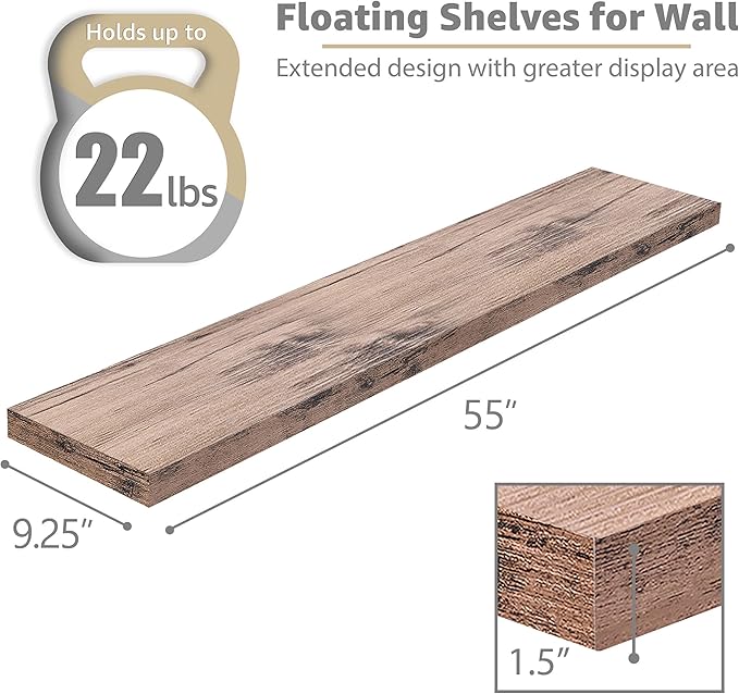 Sorbus Floating Shelves for Wall - 55 Inch Extra-Long Bathroom Shelves, Wall Decor for Bedroom, Kitchen, Living Room, Book Storage - Mounted Floating Shelf with Hidden Brackets (Mahogany, 2 Pack)