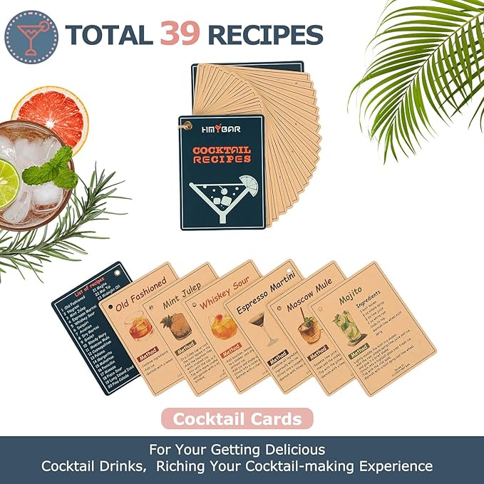 HMYBAR® 22-pc Cocktail Shaker Set(24oz/700ml) | Mixology Bartender Kit | Bar Tool Set | Martini Making Set with 39-Recipe Cocktail Cards & Kit's Deco, Bamboo Stand Brown Color, Silver Tools