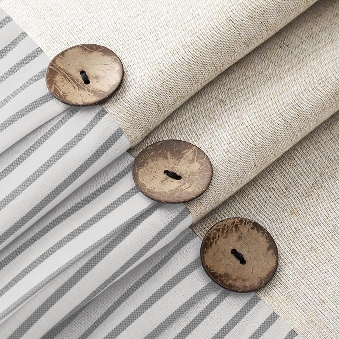Awellife Farmhouse Beige Shower Curtain Button Linen Textured Woven Fabric,Pleated Grey Stripe,Country Style,72" W x 78" L
