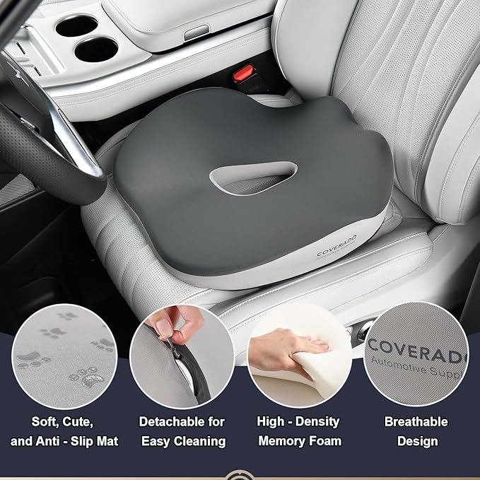 Coverado Car Seat Cushion with Memory Foam, Ergonomic Driving Seat Cushion for Sciatica, Tailbone, Back Pain Relief, Premium Non-Slip Washable Cushion for Car, Driver, Office, Wheelchair