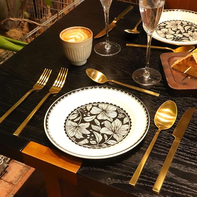 Stainless Steel Flatware Set Hand Forged 18/10 Silverware Set Cutlery Set Gold Cuboid Handle Matte Finished 60 Pieces Service for 12