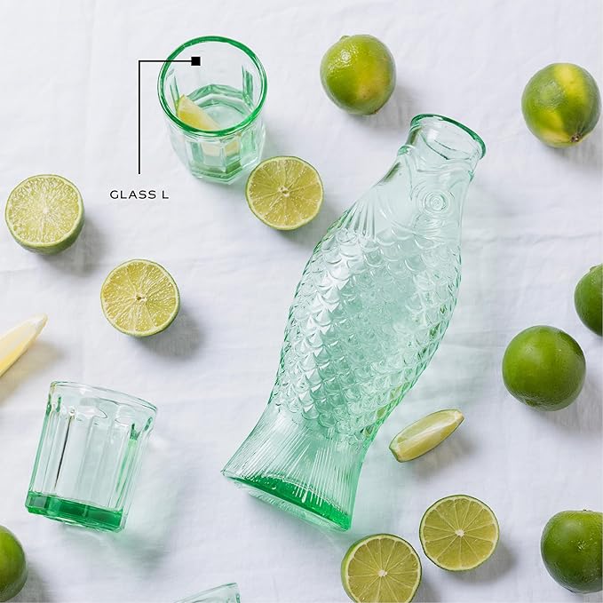 Serax Drinking Glasses Set of 4 | Fish & Fish glassware by Paola Navone | 13.5 FL oz Clear Green Water Glass Cups without Lids | Home Essentials, Kitchen Set | Suitable for Beer, Juice, Coffee