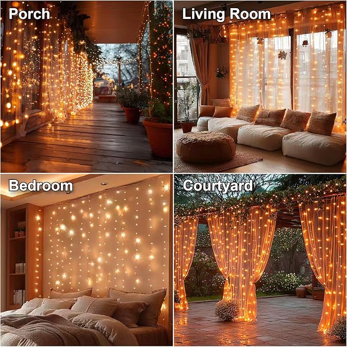 HXWEIYE 300LED Fairy Curtain Lights, 9.8x9.8Ft Orange USB Plug in 8 Modes Timer Christmas String Hanging Lights with Remote for Bedroom Backdrop Wedding Party Home Wall Garden Outdoor Indoor Decor