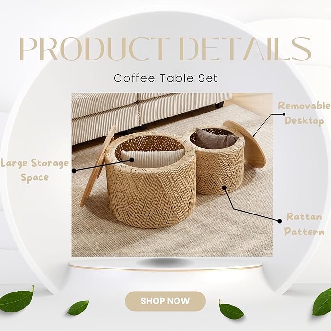 chairus Nesting Coffee Table Set of 2 Woven Round Coffee Table with Storage Solid Wood Side Table for Small Spaces, Living Room, Bedroom, Office, Natural