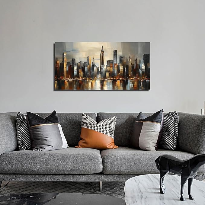 GUGIKA City Wall Art for Living Room, Gold and Grey Wall-Decor for Bedroom, Modern Cityscape Poster Canvas Print, Size 40 x 20 Inches