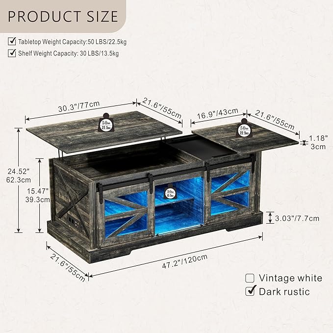 Farmhouse Coffee Table, Lift Top Coffee Table with Gun Cabinet, 2 Sliding Barn Doors-Large Storage and 3 Color LED Lights fit Modern Rectangular Rustic Living Room Center Table,Dark Oak