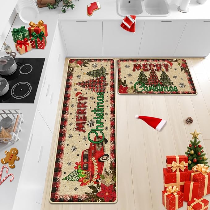 Christmas Trucks Tree Kitchen Rugs and Mats Non Skid Washable Set of 2, Xmas Kitchen Mats for Floor Decor