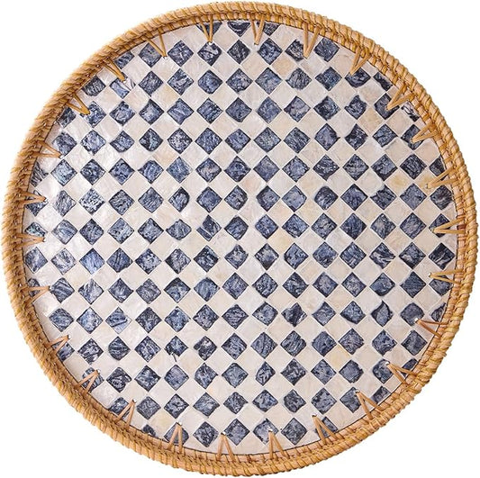 Round Rattan Tray with Mother of Pearl Inlay, Rattan Serving Tray with Wooden Base, Decorative Wicker Basket for Table Decor, Storage and Display of Coffee Bread Food Fruit (Checkerboard 13.5")