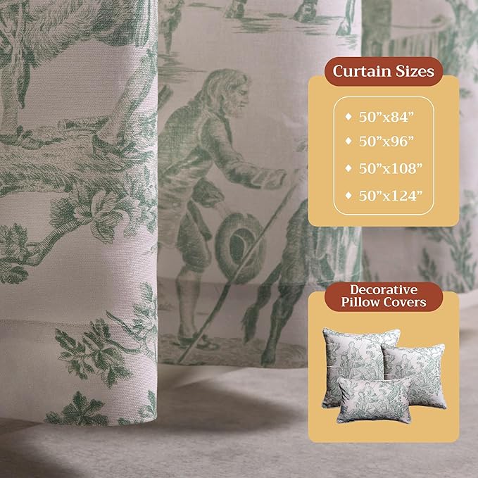 Maison d' Hermine Curtains for living room 100% Cotton 124 inch length Two Panels Light Filtering Toile Curtains for Bedroom Windows with rod and loop Pockets (The Miller Antique Green, 50"W x 124"L)