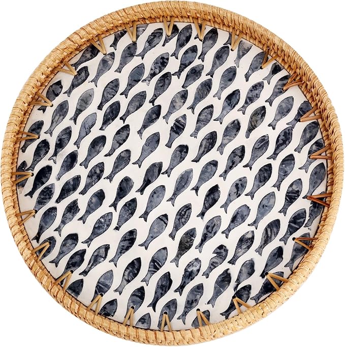 Round Rattan Tray with Mother of Pearl Inlay, Rattan Serving Tray for Coffee, Bread, Fruits, Decorative Wicker Tray for Table Decor, Home Decor, Kitchen Island Decor (Dark Blue Fish, 11.8")