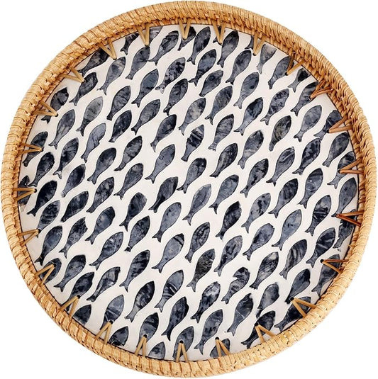 Round Rattan Tray with Mother of Pearl Inlay, Rattan Serving Tray for Coffee, Bread, Fruits, Decorative Wicker Tray for Table Decor, Home Decor, Kitchen Island Decor (Dark Blue Fish, 11.8")