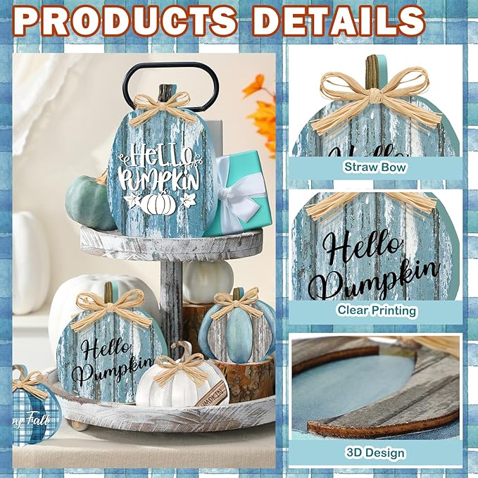 5 Pcs Fall Blue Pumpkin Decor for Home Thanksgiving Wooden Table Centerpiece Decorations Fall Wooden Pumpkin Signs for Autumn Farmhouse Home Living Room Kitchen Mantle Tabletop Supplies