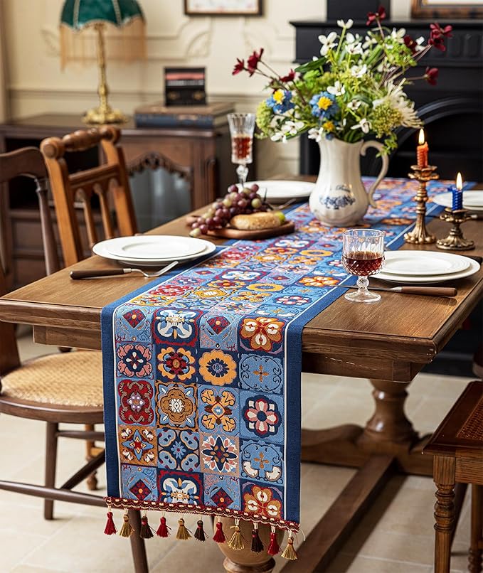 13×72 Inch Table Runner, Retro-Luxury Tassels Series for Kitchen Dining Table Holiday Decoration (Ethnic Blue)
