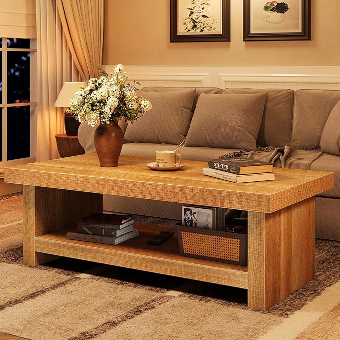 47-Inch Rectangle Coffee Table, Wood Rectangular Center Tables, Farmhouse Low Cocktail Tea Table for Living Room, Thick Base/Easy Assembly, Natural