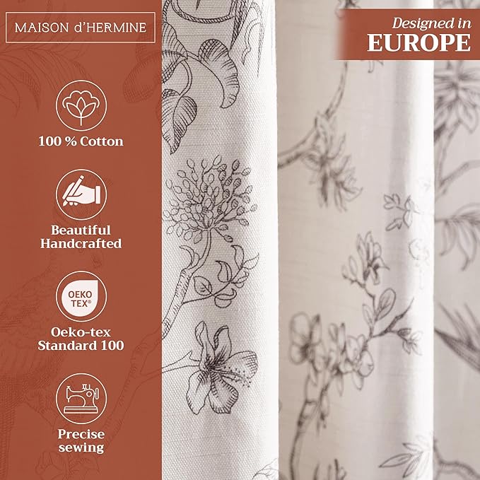 Maison d' Hermine Curtains for living room 100% Cotton 84 inch length One Panel Light Filtering Toile Curtains for Bedroom Windows with rod and loop Pockets Drapes (Jouy Paradise Beige, 50"W x 84"L)