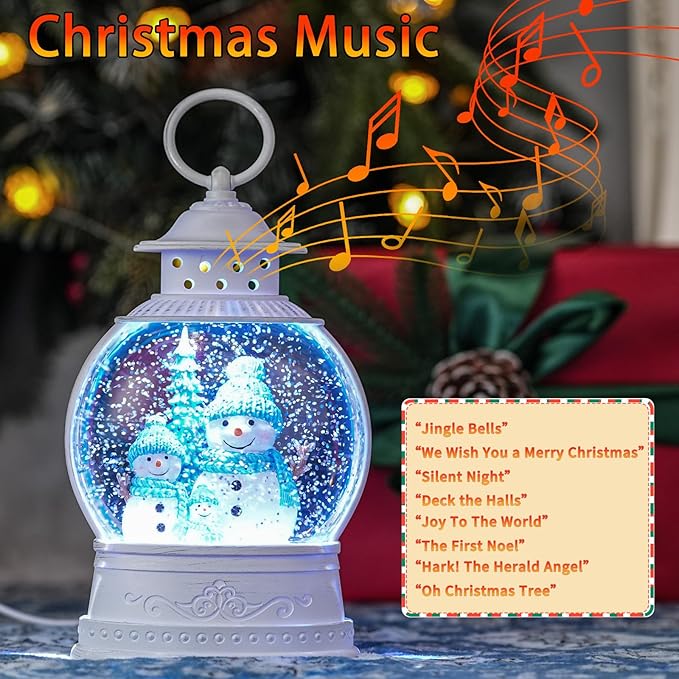 Christmas Snowman Snow Globes, Snowman Family Musical Snow Globe Lantern with Timer, Lighted Christmas Decorations Indoor, USB or Battery Operated