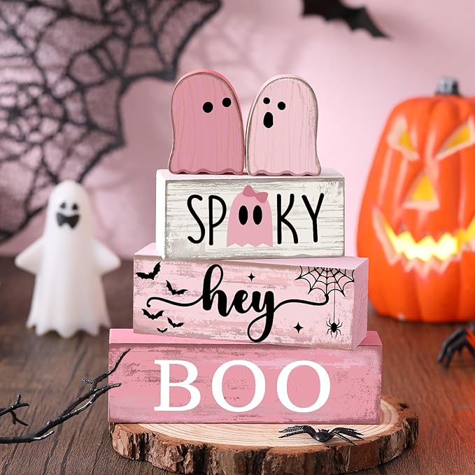 4 Pcs Pink Halloween Decor Ghost Table Decorations Halloween Tiered Tray Decor Farmhouse Ghost Tabletop Centerpiece Rustic Pink Block Sign Gift for Home Kitchen Shelf Office Mantel