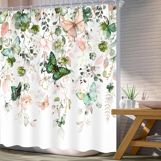 Green Pink Floral Butterfly Shower Curtain 72Wx72L Inch Spring Summer Plant Natural Gold Green Leaves Botanic Bathroom Set Woman Girl Elegant Country Bath Curtain Bathtub Accessories Home Decor