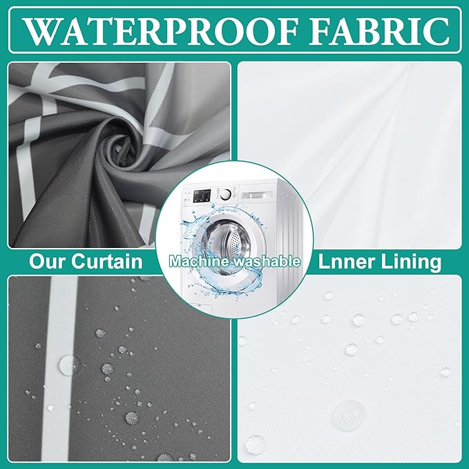 No Hook Ombre Dark Grey Striped Long Shower Curtain with Snap in Fabric Liner Set - Hotel Shower Curtain and Liner Set with See Through Mesh Top Window,Machine Washable, 71x86 INCH