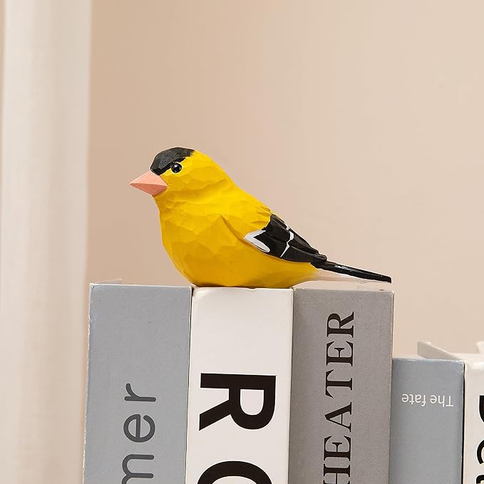 Handmade Wooden Goldfinch Figurine – Yellowbird Home Decor, Cute Wild Canary Knick-Knack for Bird Lovers, Unique Gift for Women, Mom, Friends – Rustic Nature Home Ornament