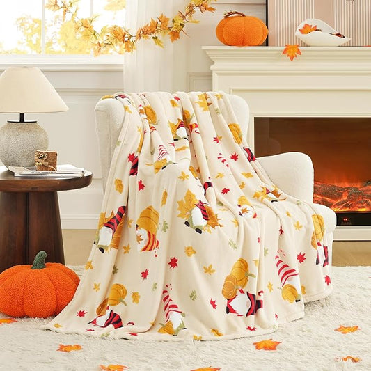 Cozy Bliss Fall Throw Blanket Gnome Pumpkin Harvest Throw Blankets - Warm MilkyPlush™ Throws,Ultra Soft Cozy Maple Blankets for Couch,Sofa,Beige,50X60 inches