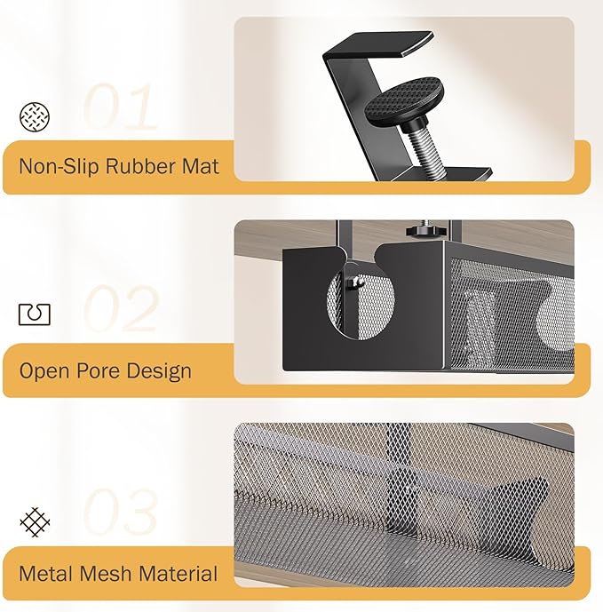 DELAMU Under Desk Cable Management Tray, No Drill Metal Mesh Cable Management Under Desk with F-Clamp Mount & 2 Open Holes, Cord Organizer for Home Office, 1 Pack, Black