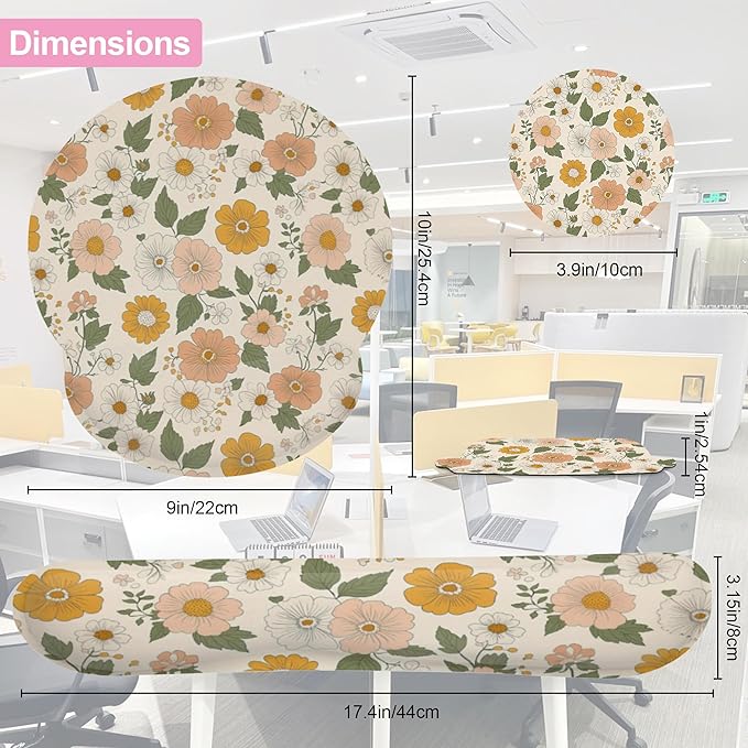 Retro Boho Groovy Flower Mouse Pad with Wrist Rest and Keyboard Wrist Rest Set, Non-Slip Rubber Base Memory Foam Mouse Pad Set for Women, Office Desk Accessories, Gaming