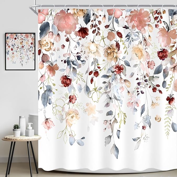 Floral Shower Curtain 72Wx72L Inch Coral Pink Colorful Flower Blue Eucalyptus Leaves Pretty Watercolor Pastel Bathroom Set Plant Botanical Country Bath Curtain Bathtub Accessories Home Decor