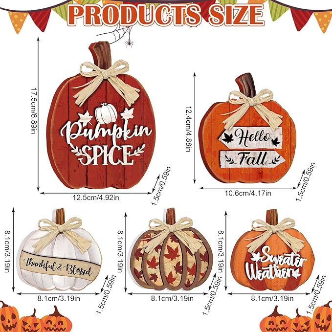 5 Pcs Fall Pumpkin Decor for Home Thanksgiving Wooden Table Centerpiece Decorations Fall Wooden Pumpkin Spice Signs for Autumn Farmhouse Kitchen Mantle Tabletop Supplies
