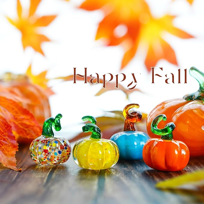 H&D HYALINE & DORA 4pcs Blown Glass Pumpkin Figurines Table Accent for Fall & Harvest, Mini Crystal Halloween Pumpkin Fall Decorations for Home Thanksgiving