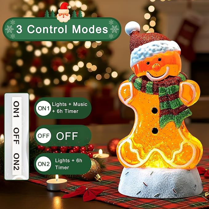 10.1" Christmas Snow Globe Water Lantern with Gingerbread Battery Operated or USB Powered Musical Lighted Holiday Decoration for Tabletop Display for Family and Friends