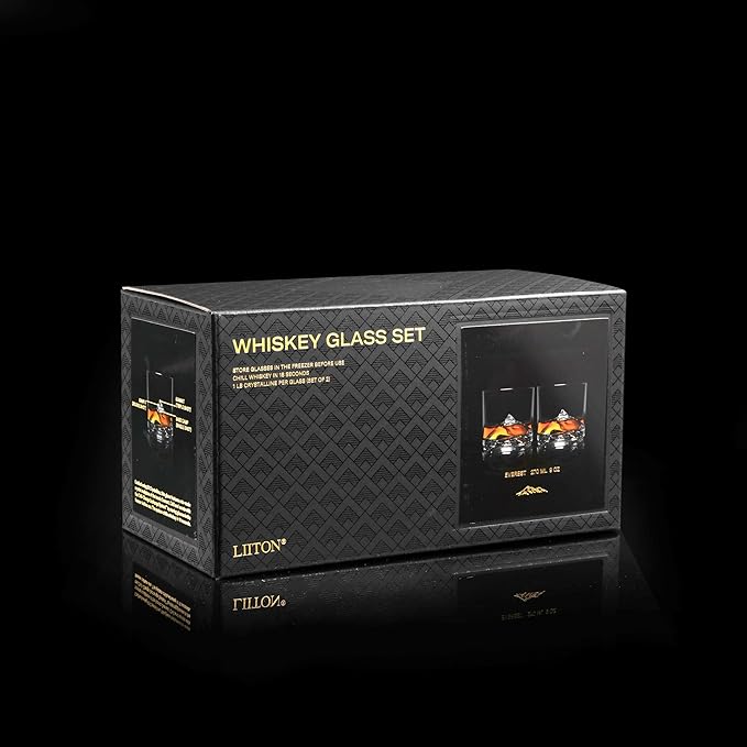 LIITON Mount Everest Heavy Crystal Whiskey Glasses Gift Set of 2, Thick Freezable Bourbon Glass 1lb Each, Premium Whiskey Gifts for Men, Frozen Crystal Chills Cocktails, 10 oz