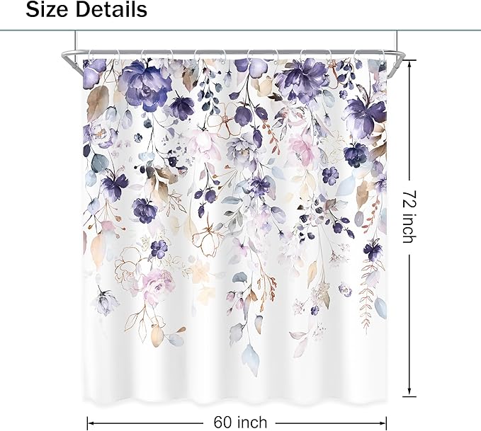 Floral Flower Shower Curtain 60Wx72L Inch Purple Pink Leaf Rustic Girly Boho Wildflower Eucalyptus Botanical Plant Country Bathroom Set Spring Bath Curtain Bathtub Accessories Home Decor