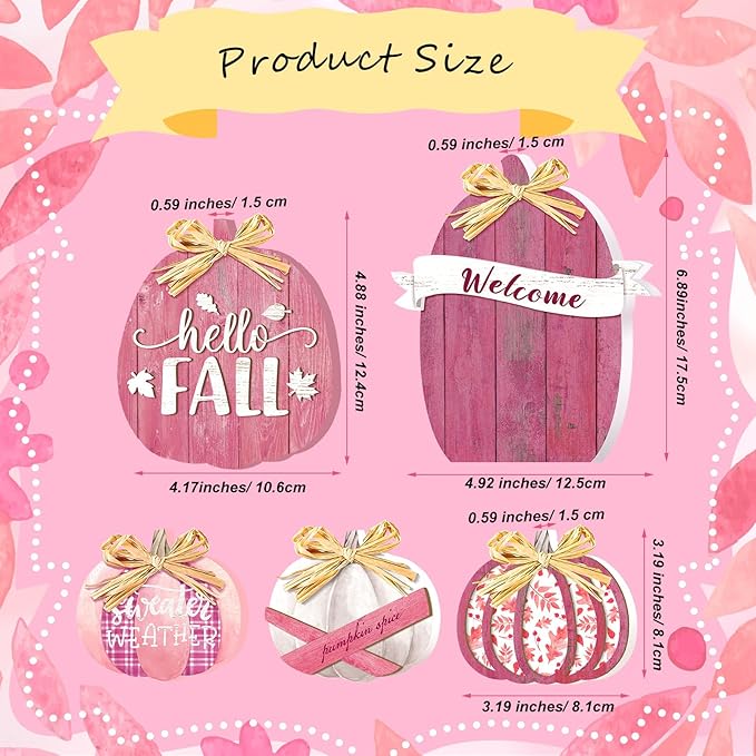 5 Pcs Fall Pink Pumpkin Decor for Home Thanksgiving Wooden Table Centerpiece Decorations Fall Wooden Pumpkin Signs for Autumn Farmhouse Home Living Room Kitchen Mantle Tabletop Supplies