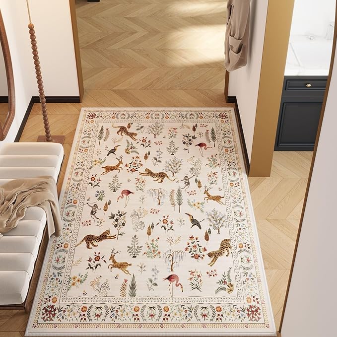 Rugcomf Bedroom Rug 3x5 Rug Washable Area Rug Non Slip Low Pile Boho Floral Animal Small Carpet for Bedroom, Bedside, Kitchen, Entryway, Kids Room, Office, College Dorm Essentials for Girls (Beige)