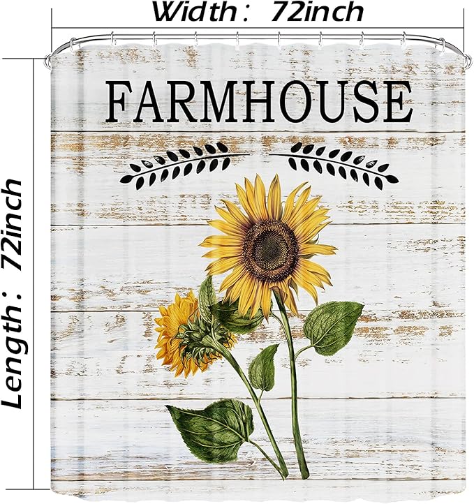 Domoku Sunflower Shower Curtain Farmhouse Rustic Shower Curtain Floral Spring Country Bathroom Curtains Set Waterproof Fabric with 12 Hooks (72 * 72inch/180cm*180cm)