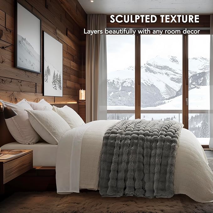 EverGrace Ultra Soft Luxury Fluffy Faux Rabbit Fur Throw Blanket, Thick Warm Bubble Throw for Bed, Cozy Plush Reversible Blankets for Couch, Chair, Sofa, Grey, 50x60 Inches