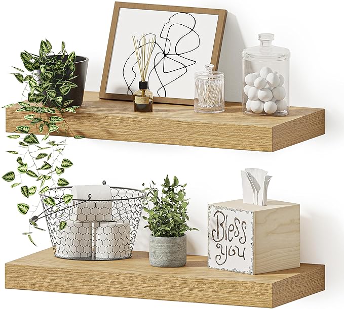 Vivelove Floating Shelves for Wall Mounted, 16 inchs Shelf for Small Bathroom, Bedroom, Living Room, Kitchen, Modern Home Decor, Rustic Farmhouse Wall Shelves with Invisible Brackets - Set of 2, Oak