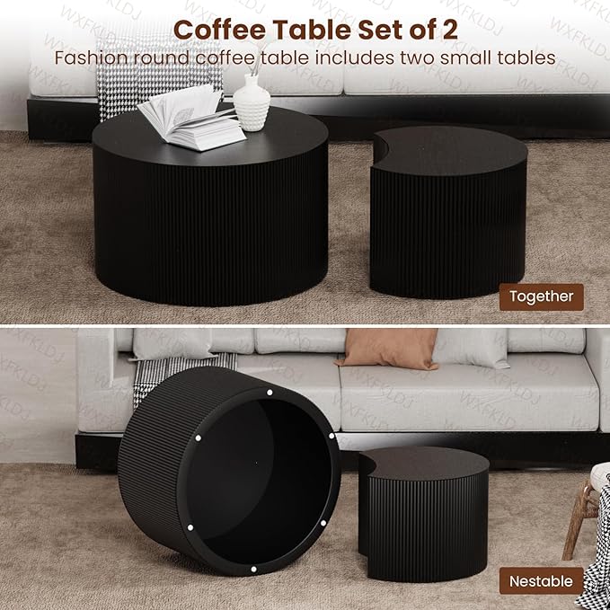 Nesting Coffee Table Set of 2 Modern Round Coffee Table with Non-Slip Feet Wood Drum Circle Accent Tables End Table Set for Living Room Bedroom Office (Black Crescent Set)